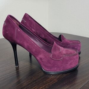 YSL Yves Saint Laurent Tribtoo 105 Purple Suede Loafers Stiletto Platform Pumps